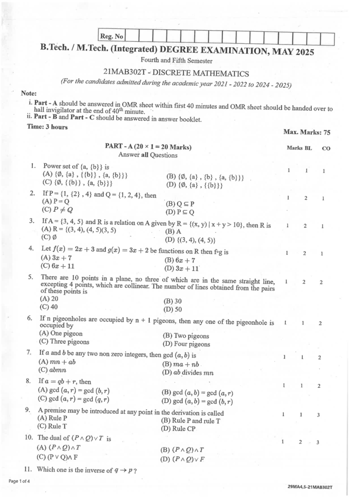 B.Tech M.Tech Integrated 21MAB302T Discrete Mathematics Exam Paper May ...