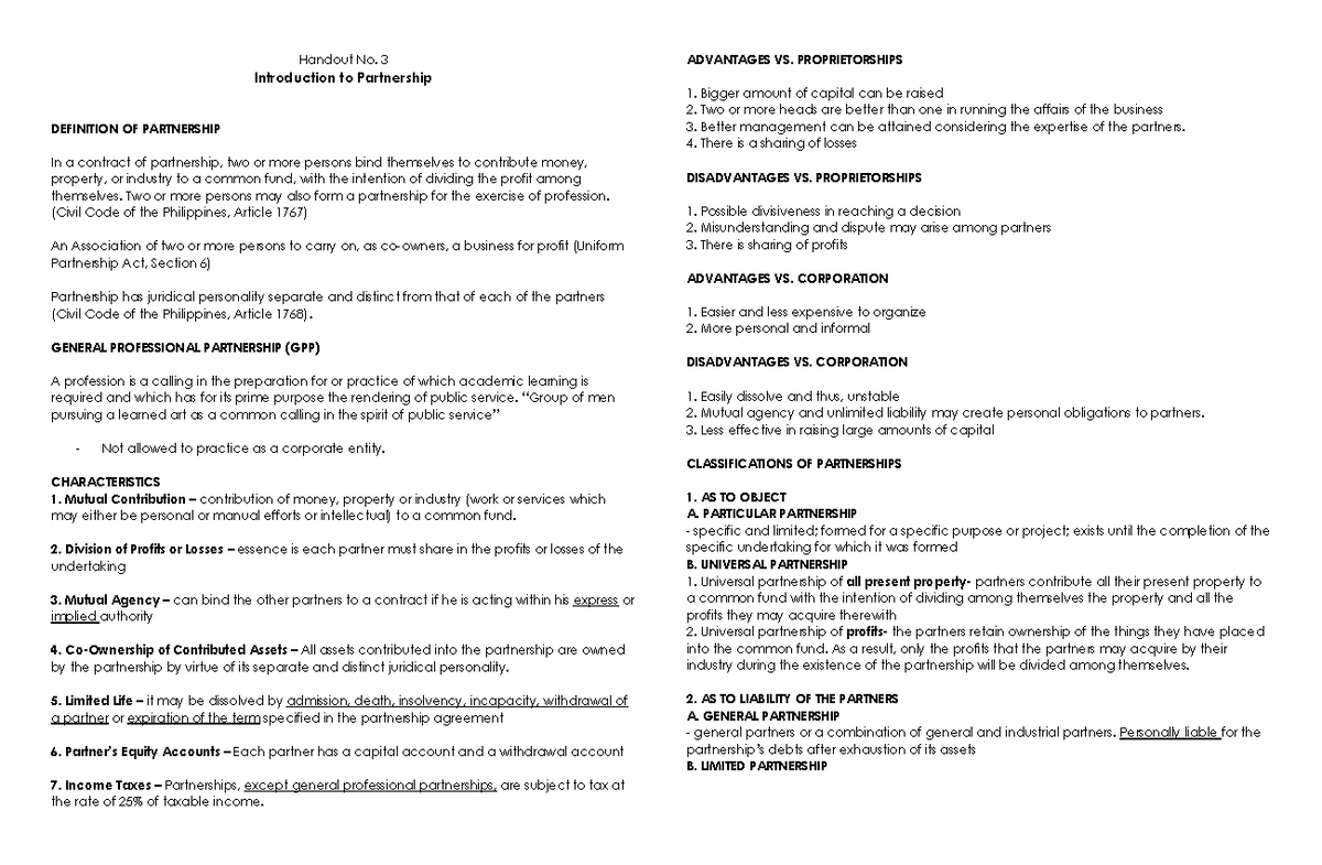 Partnership Overview: Key Concepts and Legal Framework (Handout No. 3 ...