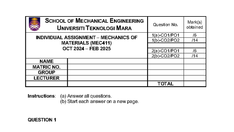 Individual Assignment - Mechanics of Materials (MEC411) Oct 2024 - Feb ...