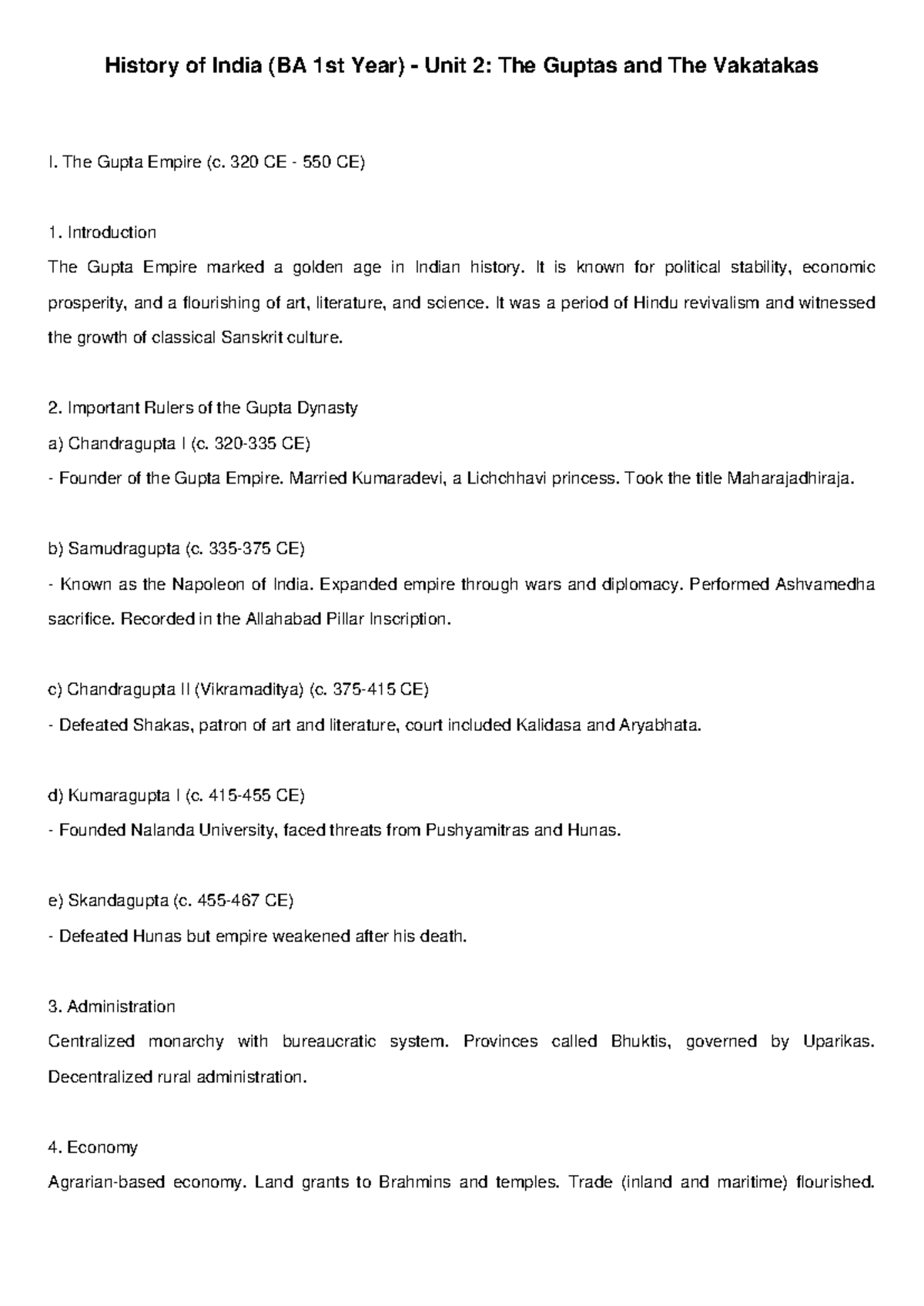 Guptas and Vakatakas: Unit 2 History Notes (BA 1st Year) - Studocu