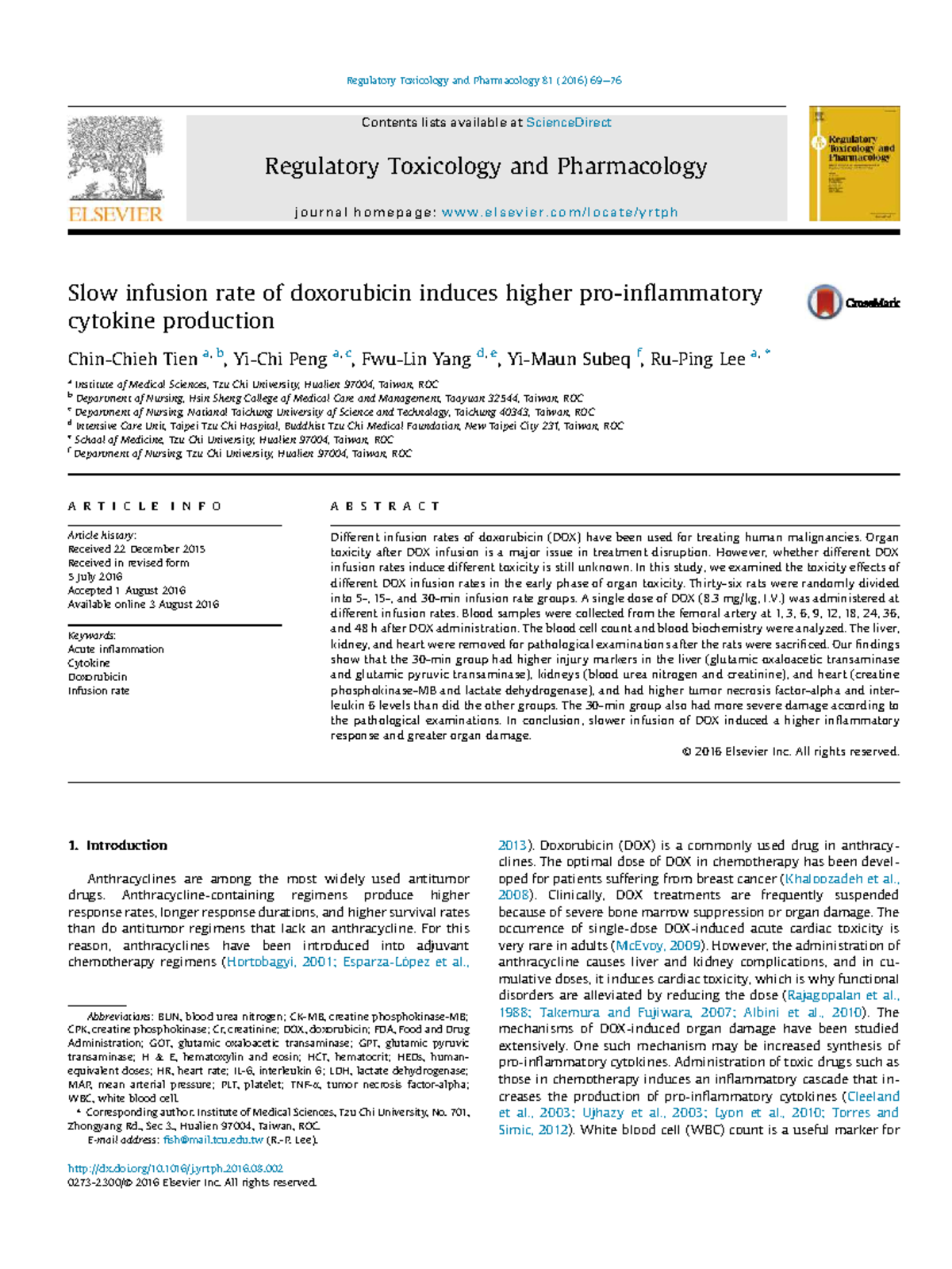 Effects of Doxorubicin Infusion Rates on Cytokine Production and Organ ...