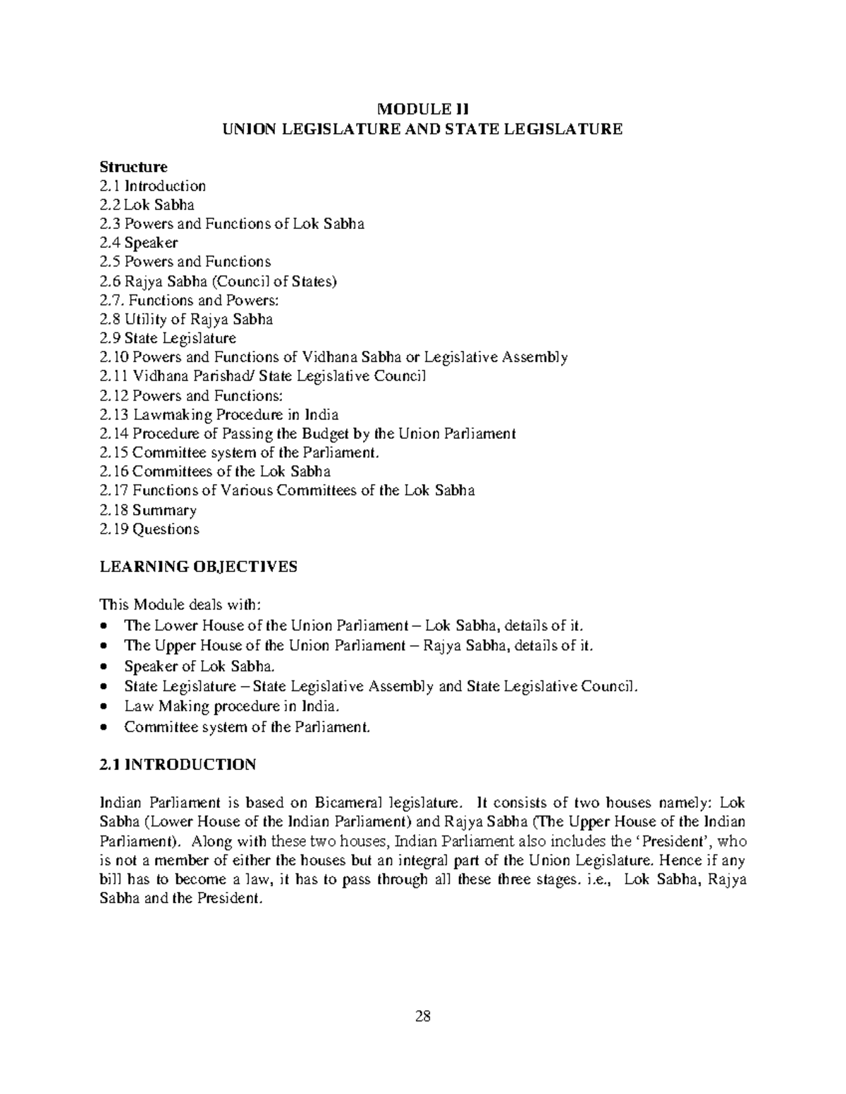 UNIT 2: Overview of Union and State Legislative Structures - Studocu