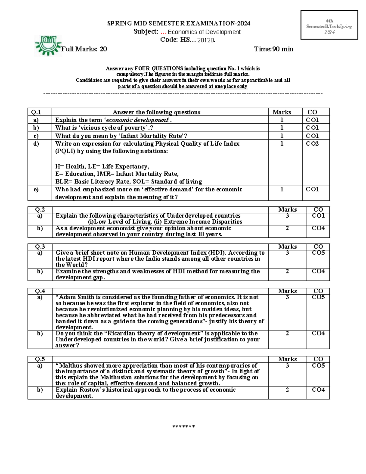 HS 20120 - Spring Mid Sem Exam: Economic Development PYQs - Studocu