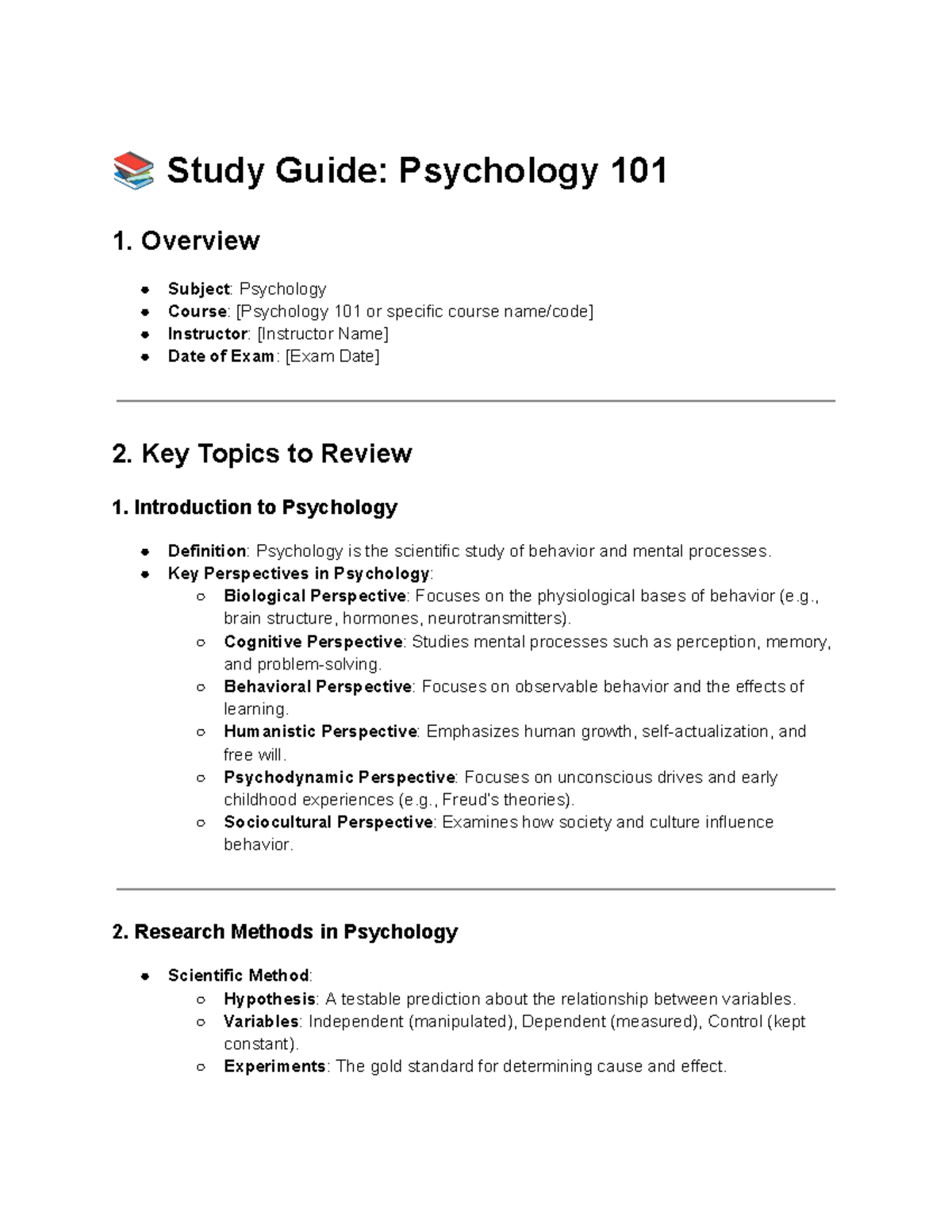 Study Guide: Key Topics for Psychology 101 Final Exam - Studocu