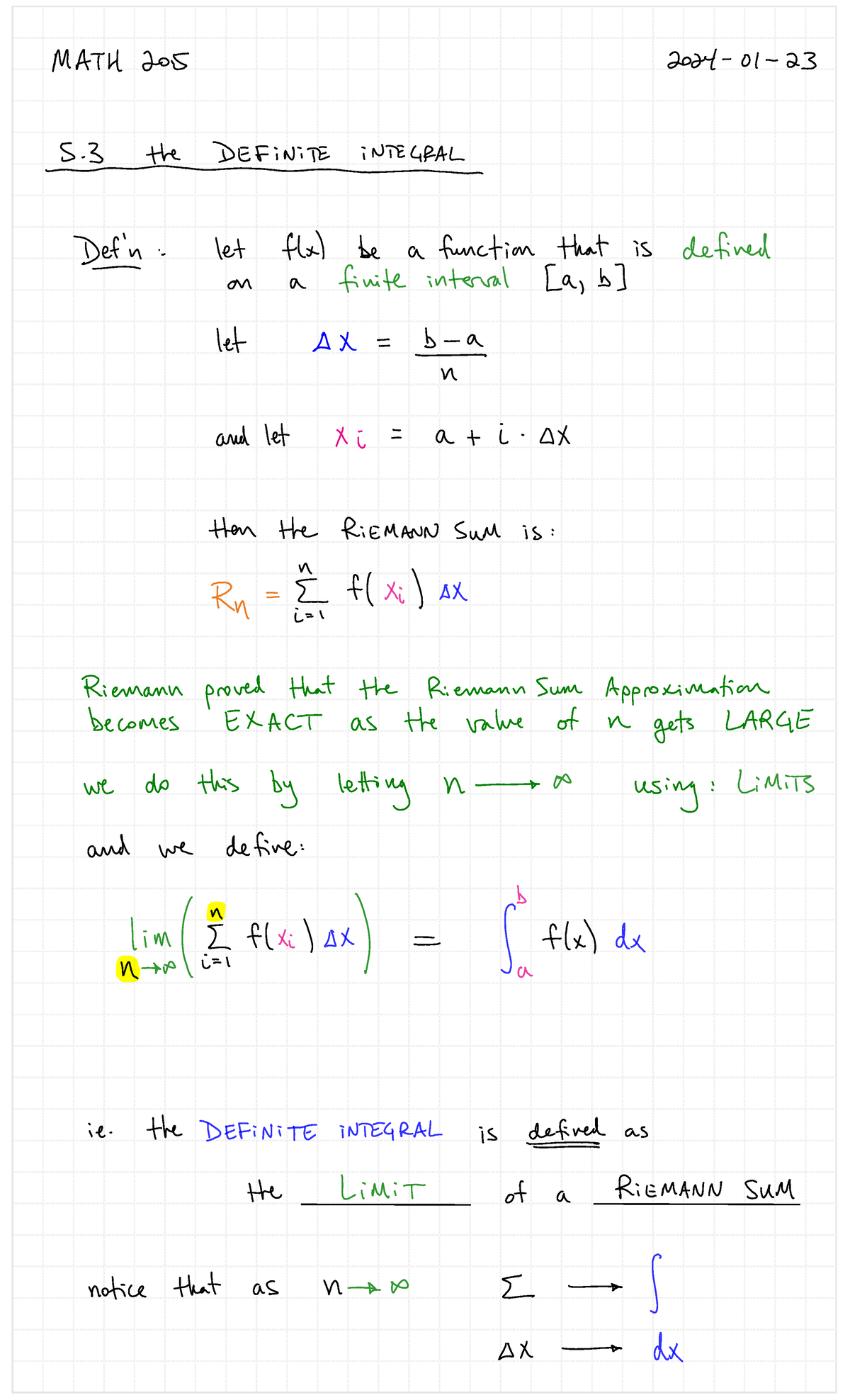 MATH 205 Lecture Notes: Understanding the Definite Integral - Studocu
