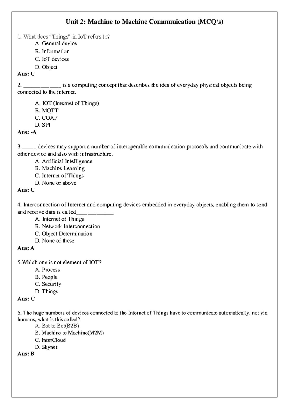 MCQ Unit 2 Machine to machine coummnunication - Unit 2: Machine to ...