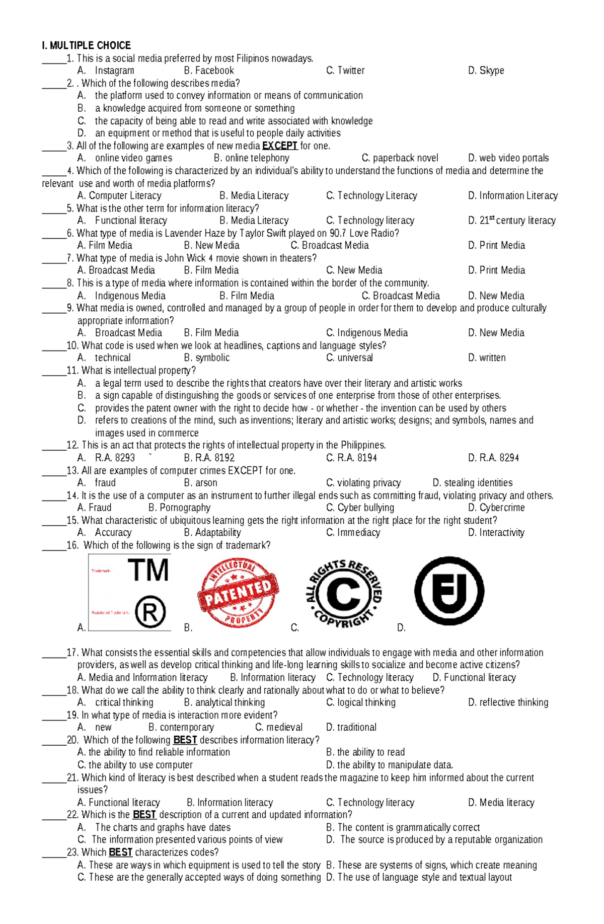 MIL- Reviewer-3rd - mil - I. MULTIPLE CHOICE _____1. This is a social ...