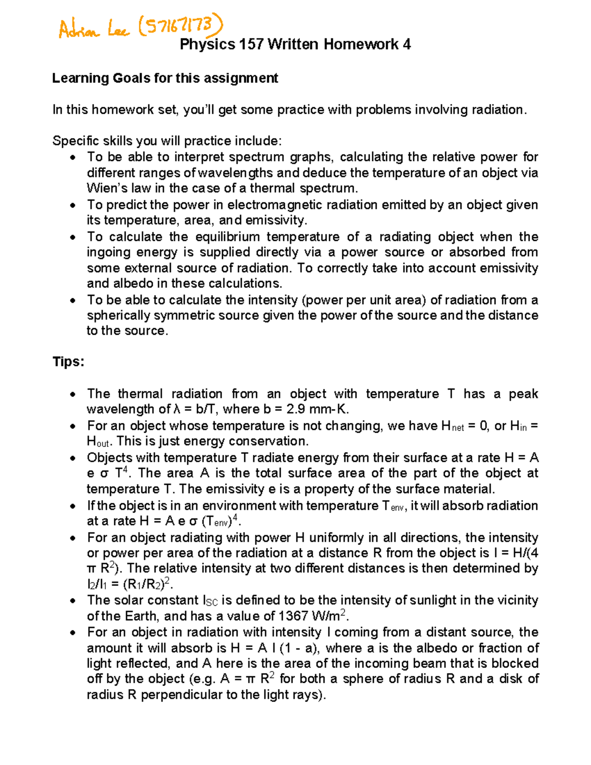 Physics 157 Written Homework 4: Radiation Problems and Learning Goals ...