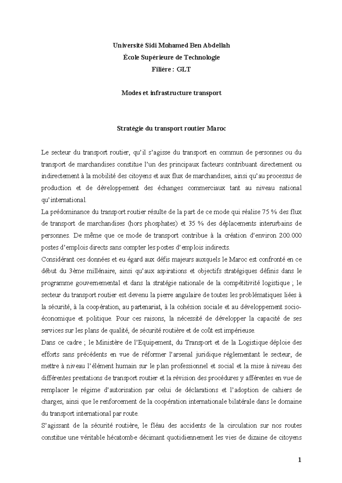 Stratégie de Transport Routier au Maroc - GLT 11 - Studocu