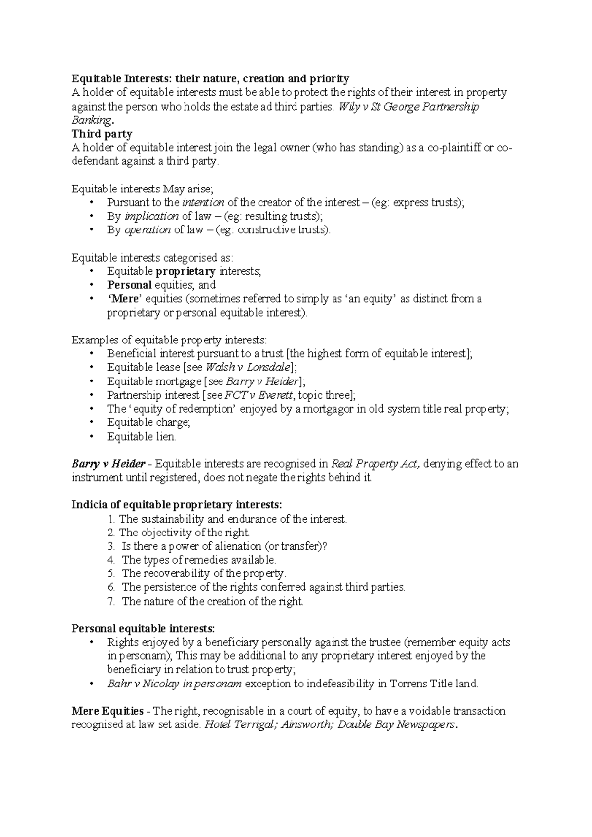 Equitable Interests Concept Overview - Topic 2 Notes - Studocu