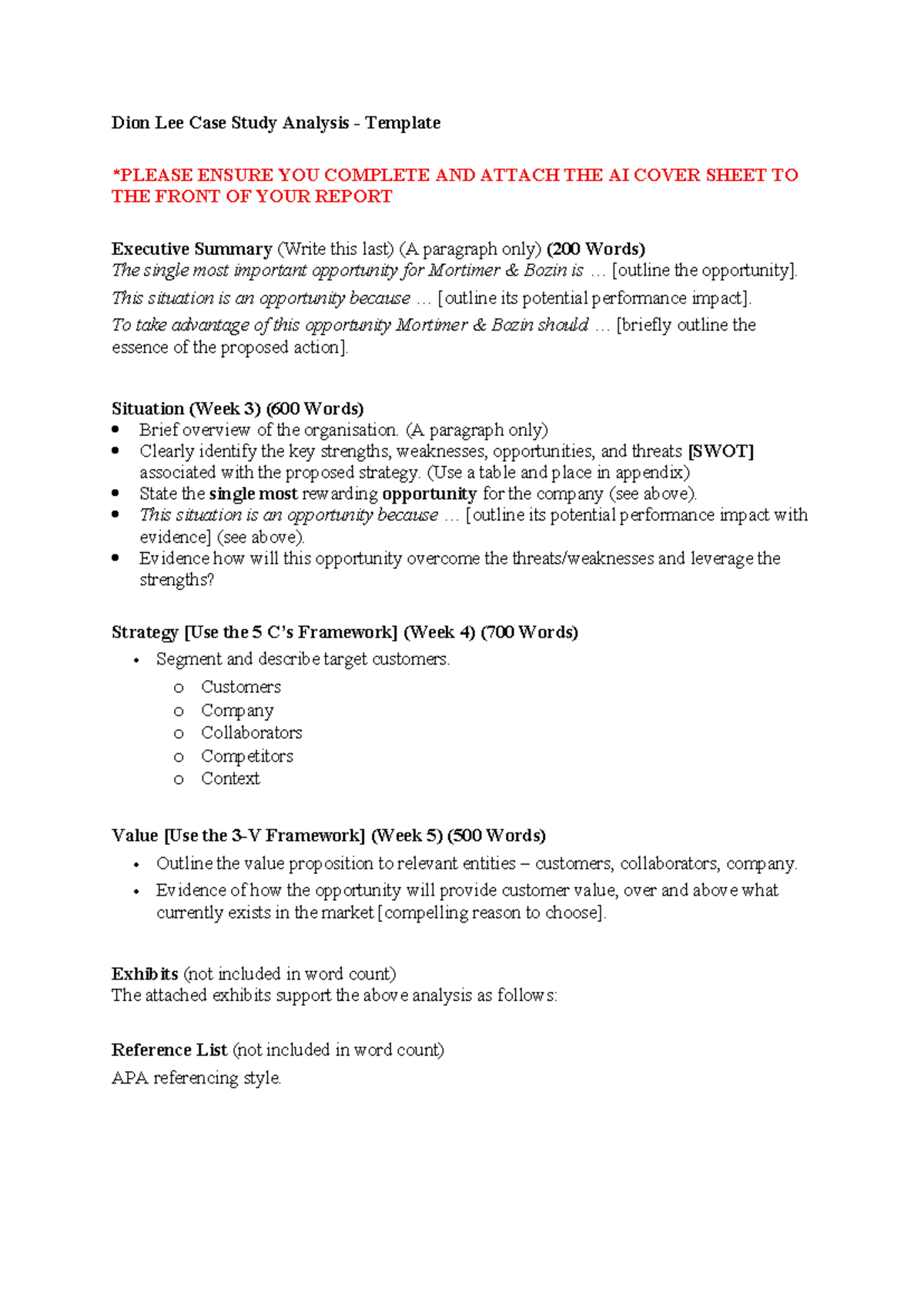 Dion Lee Case Study Analysis Template - ENSURE AI Cover Sheet Attached ...