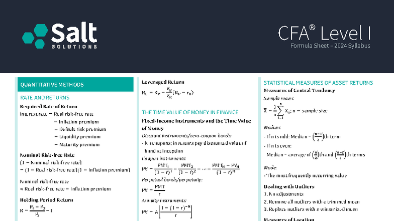 CFA Level I Formula Sheet 2024: Key Concepts and Calculations - Studocu