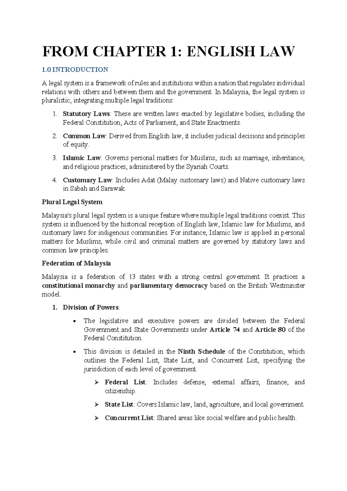 Chapter 1 & 2: Overview of Malaysian Legal System & Islamic Law - Studocu