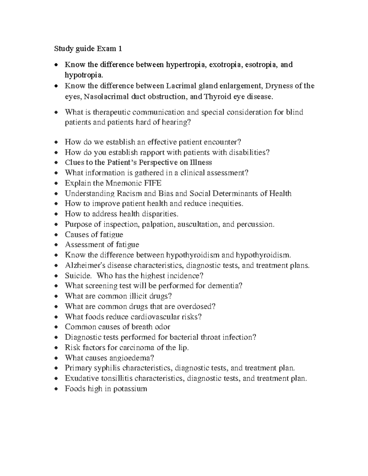 Exam 1 Study Guide for Health Assessment HLT 101 - Studocu