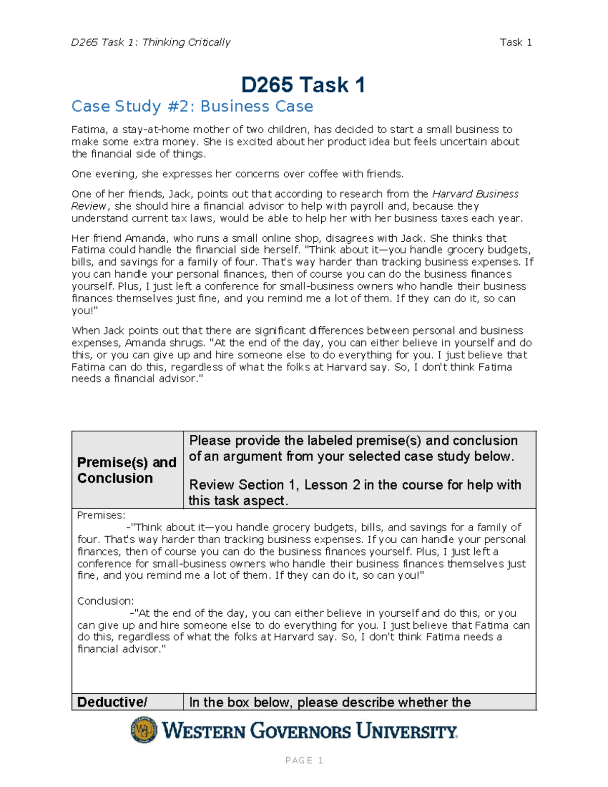 D265 Task 1: Critical Thinking Case Study on Business Finances - Studocu