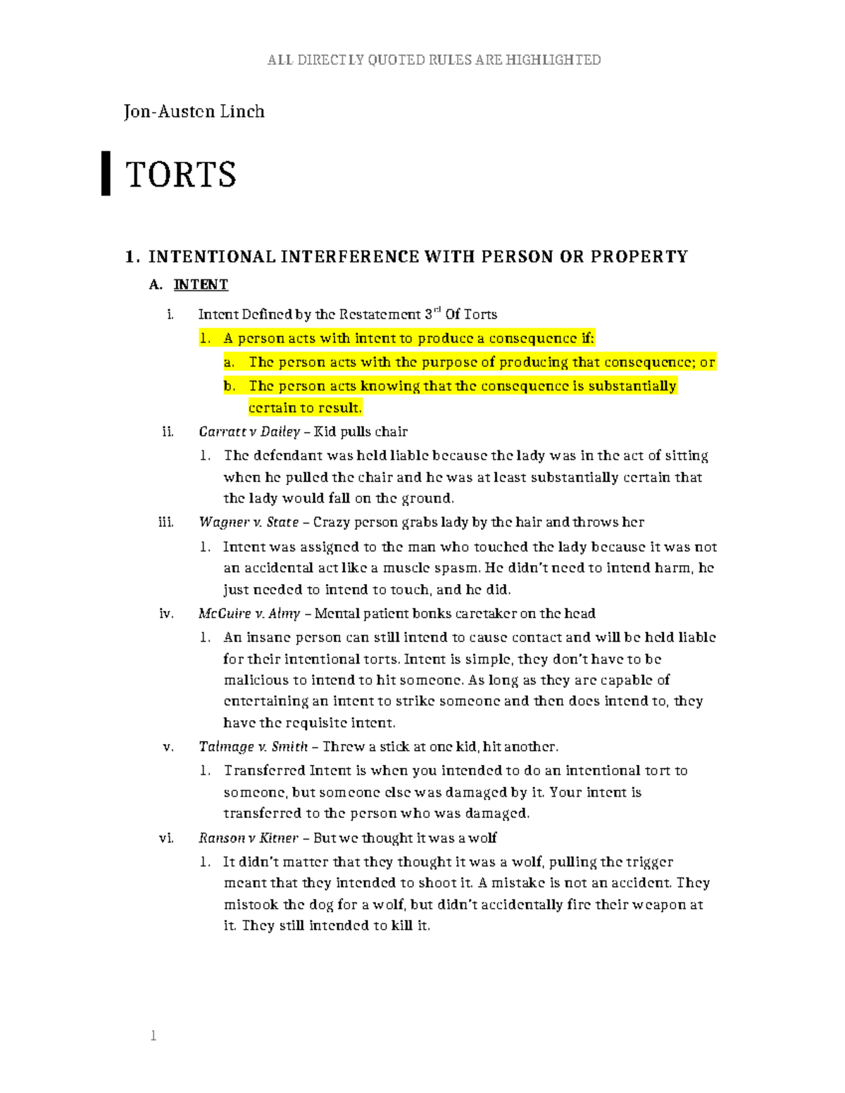 Torts Outline (LAW101): Key Concepts of Intentional Torts and Liability ...