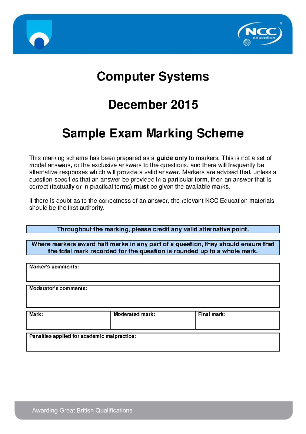 Computer Systems NCC 2015 Sample Exam Marking Scheme - Studocu