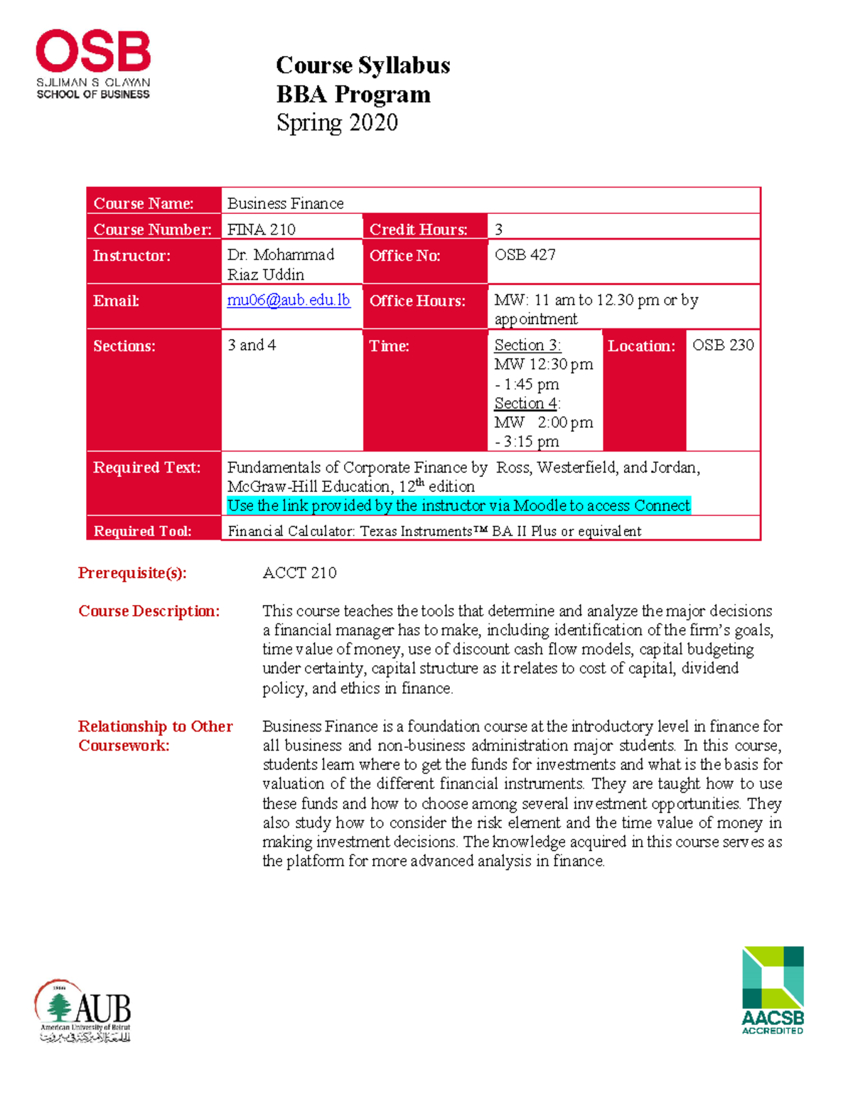 Finance 210 - Syllabus - Course Syllabus BBA Program Spring 2020 ...