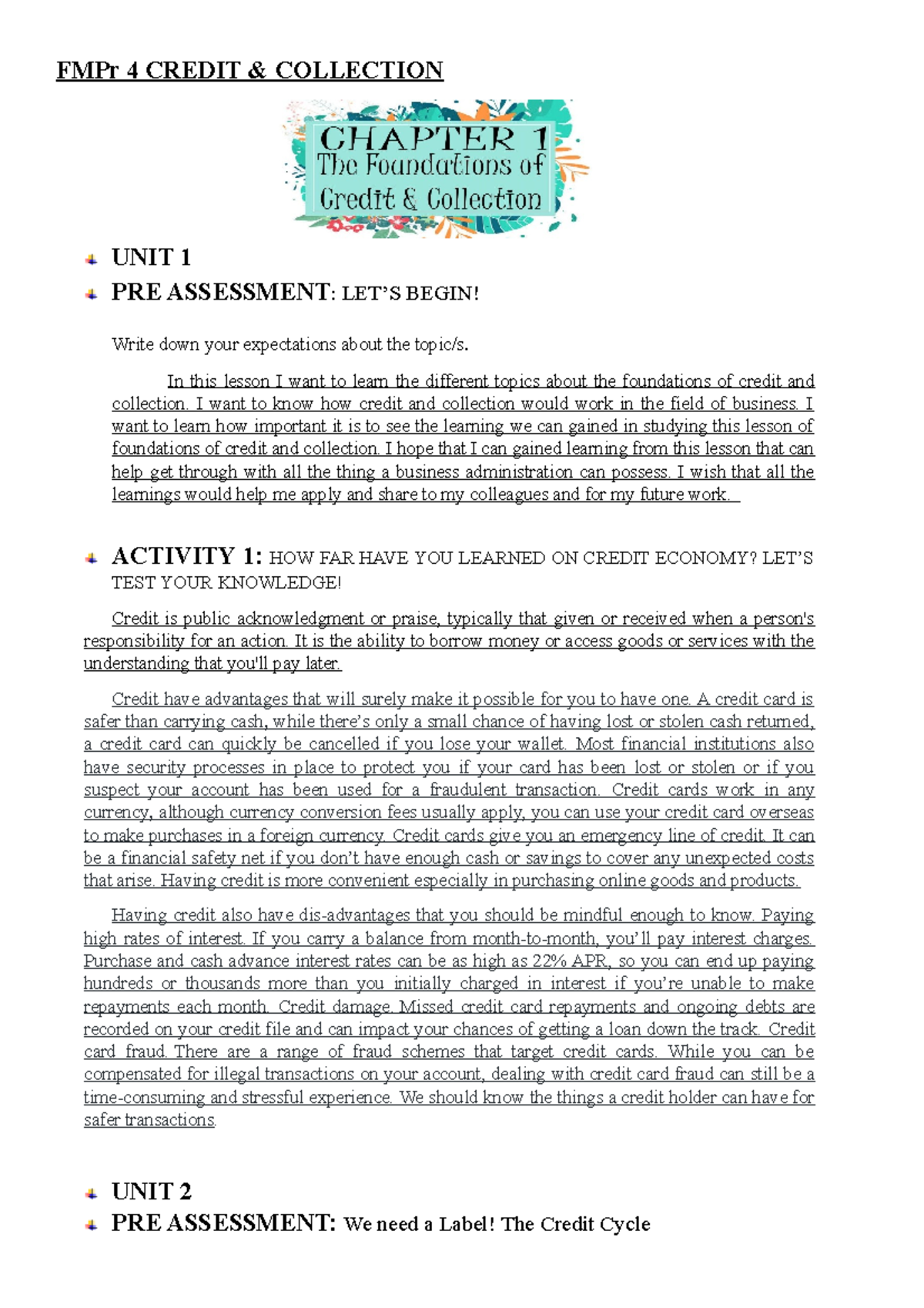 Credit & Collection FMPr 4 Module 1 Coursework Questions & Answers ...