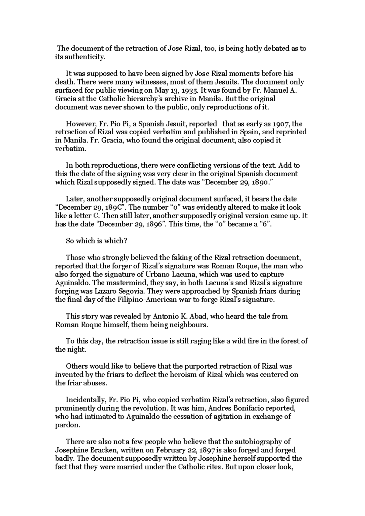 Jose Rizal's Retraction Document: Authenticity and Controversy - Studocu