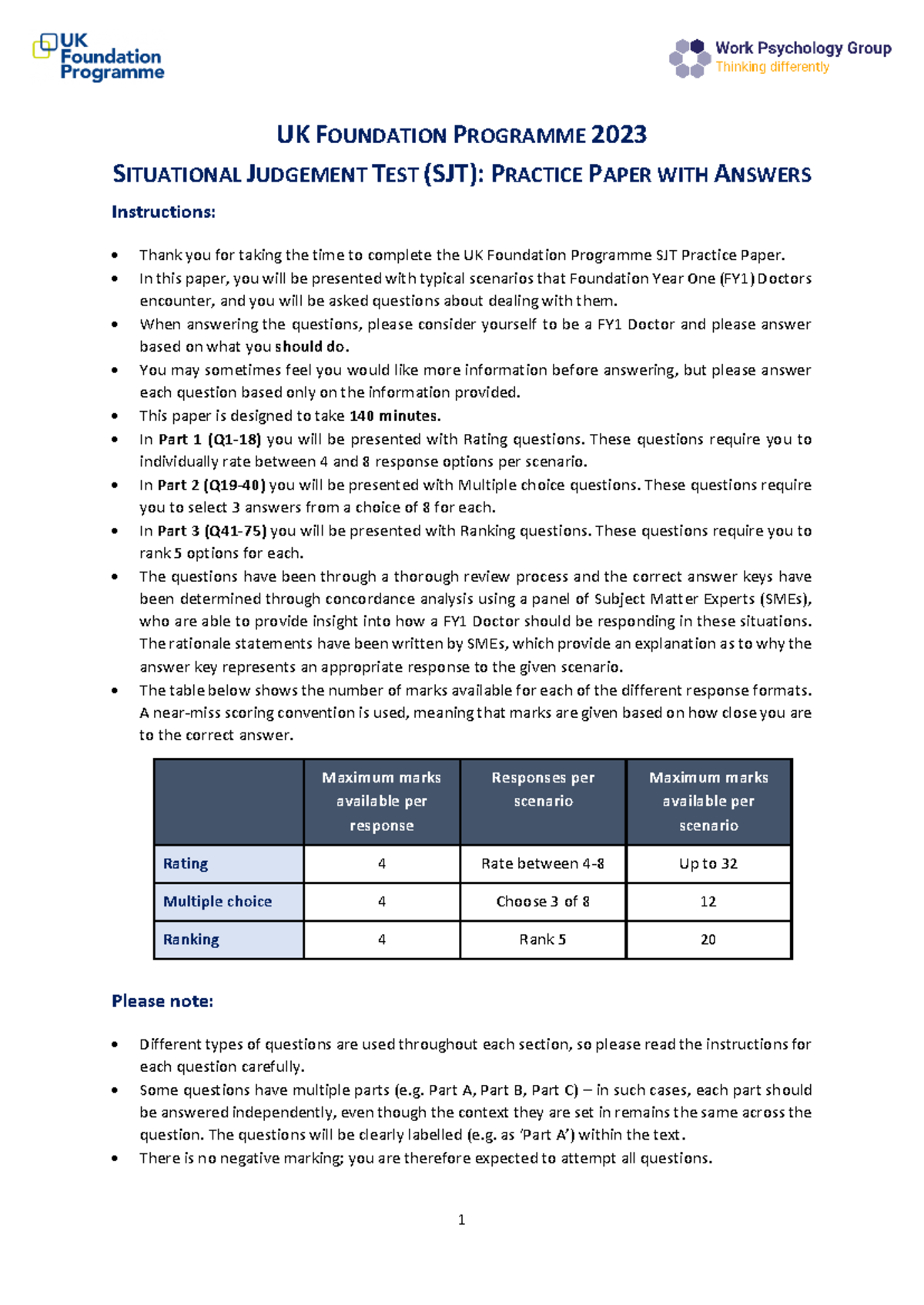 UKFP 2023 SJT Practice Paper: Guidance and Rationale Explained - Studocu