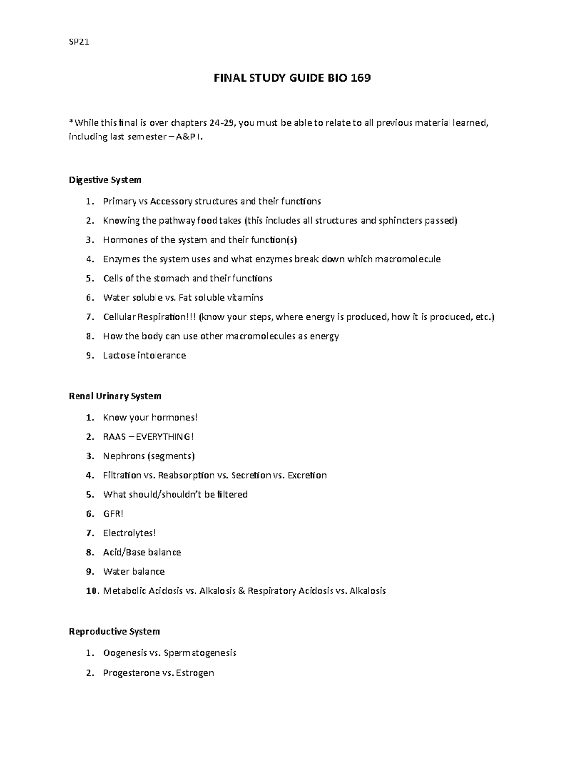 Final Study Guide Anatomy and Physiology 2 - SP FINAL STUDY GUIDE BIO ...
