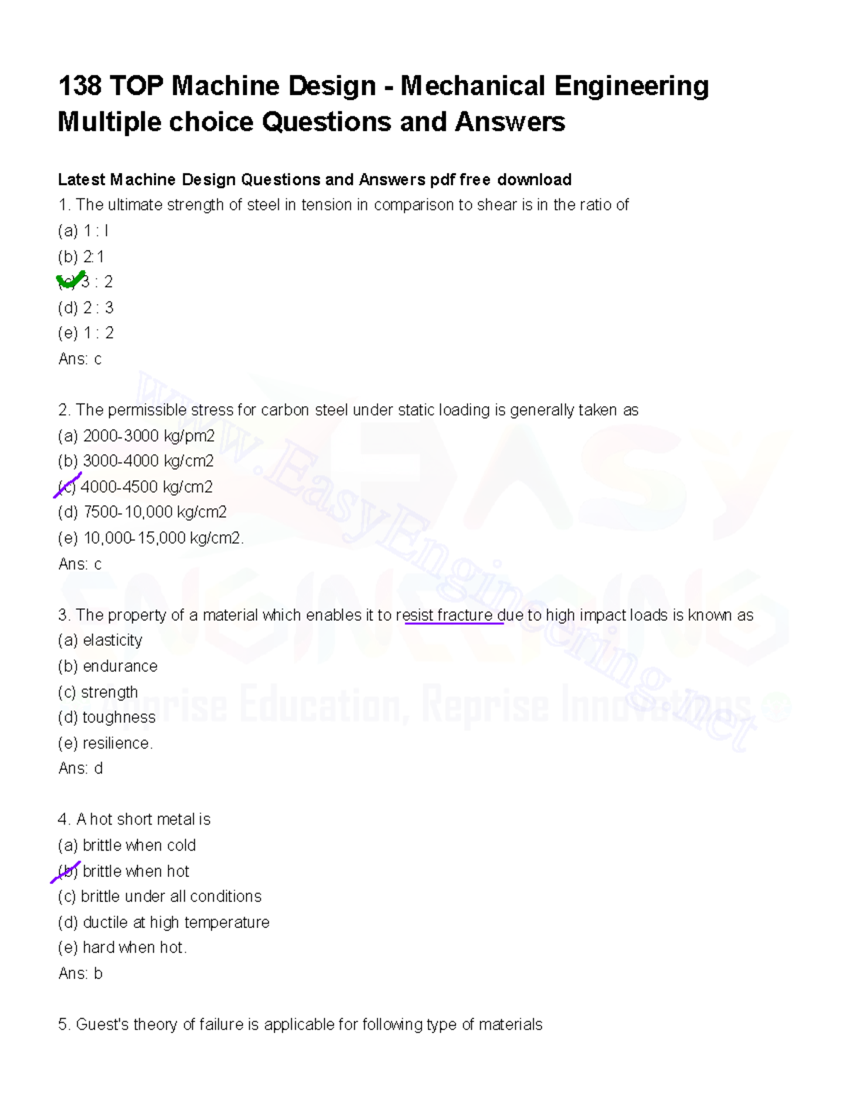 Machine Design MCQs PDF - 138 TOP Machine Design - Mechanical ...
