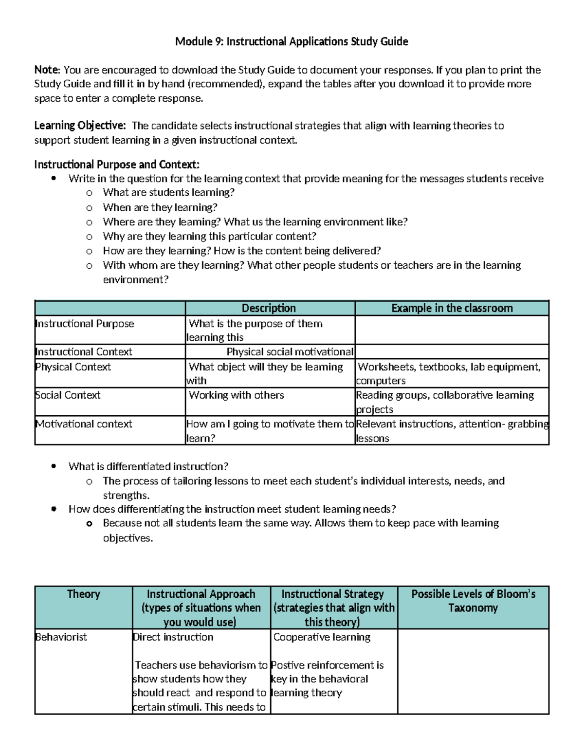 D094 d307 m9 study guide - Module 9: Instructional Applications Study ...