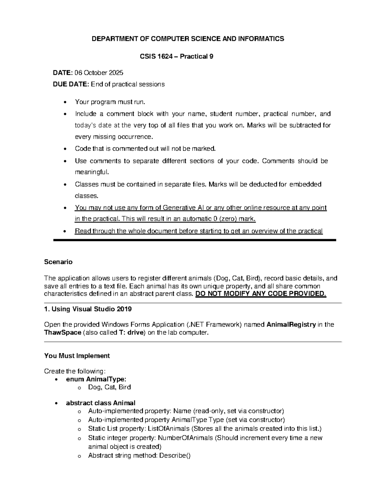 CSIS 1624 Practical 9: Animal Registry Implementation Guide - Studocu