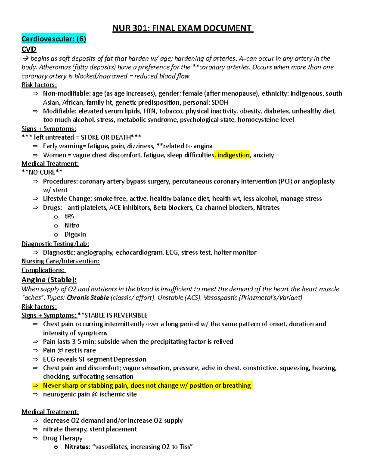 NUR 301 Medsurg - Final Exam Study Guide: Cardiovascular Insights - Studocu
