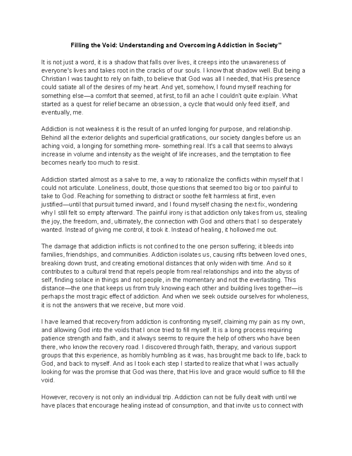 Addiction Essay - Filling the Void: Understanding and Overcoming ...