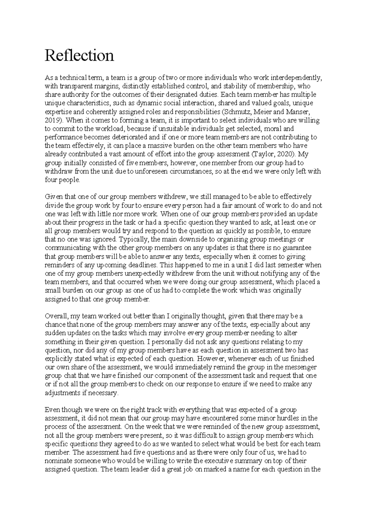 Reflection on team dynamics and challenges in MGMT2031 group assessment ...
