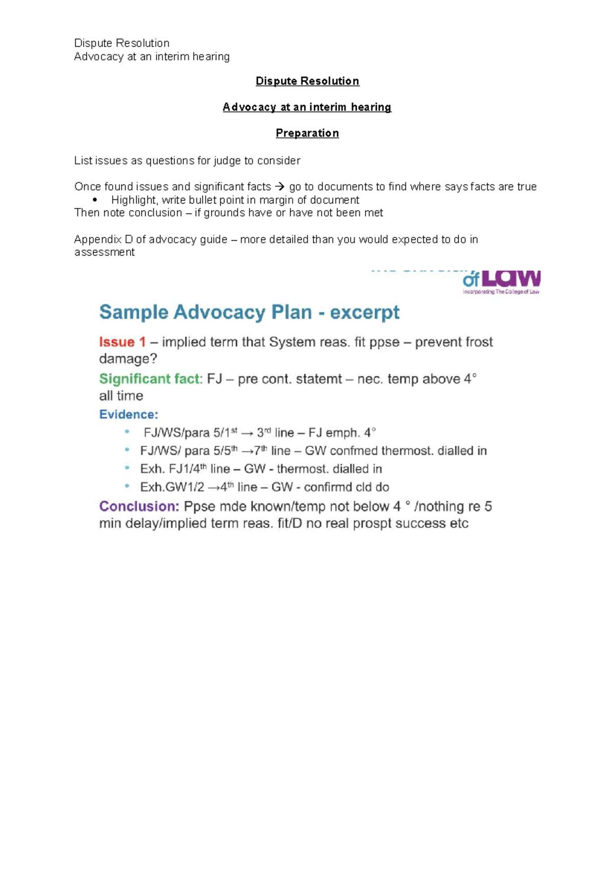 Dispute Resolution Advocacy (ULAW 7): Interim Hearing Preparation Guide ...