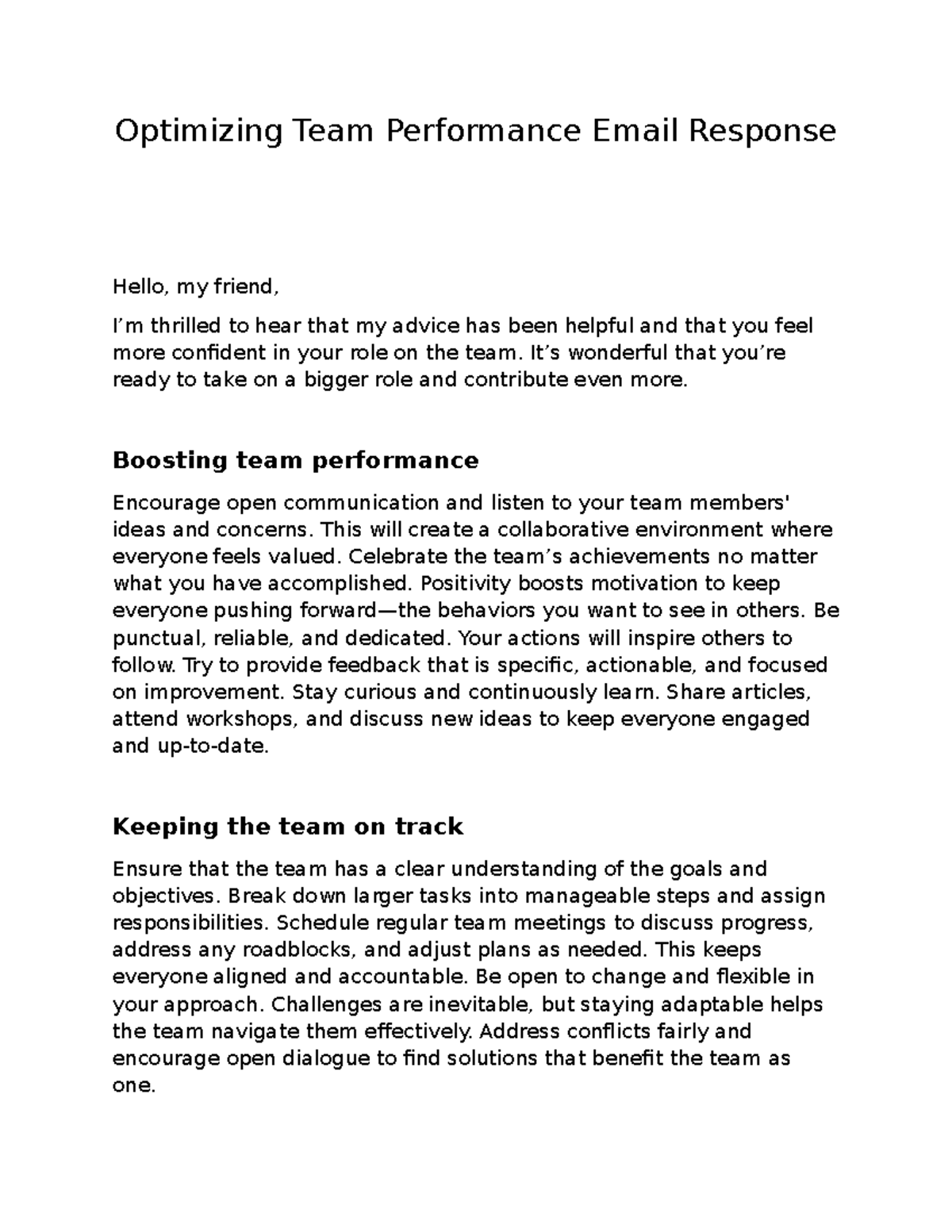 Wk4 - Team Performance Optimization Email Response Strategies - Studocu