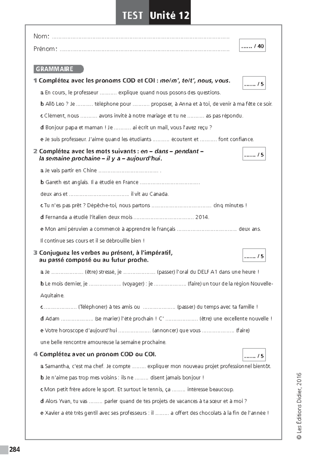 TEST 12 A1 - Grammaire et Pronoms COD/COI - Studocu