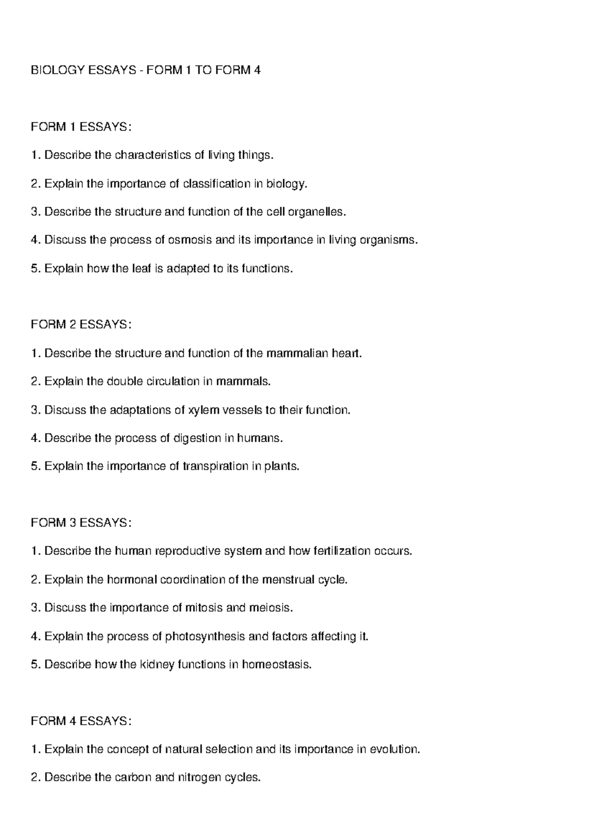 BIOLOGY ESSAYS: FORM 1 TO FORM 4 OVERVIEW - Studocu