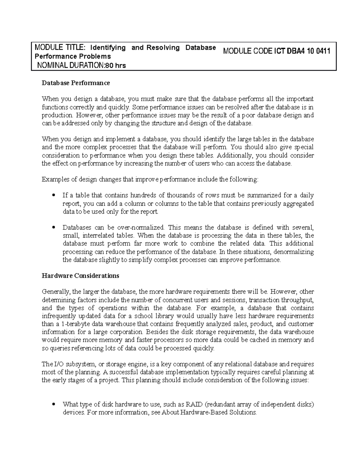 Identifying and Resolving Database Performance Issues - ICT DBA4 10 ...