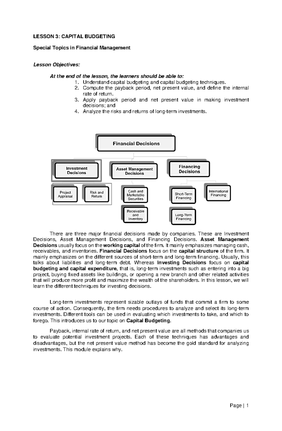 Lesson 3: Capital Budgeting Techniques in Financial Management - Studocu