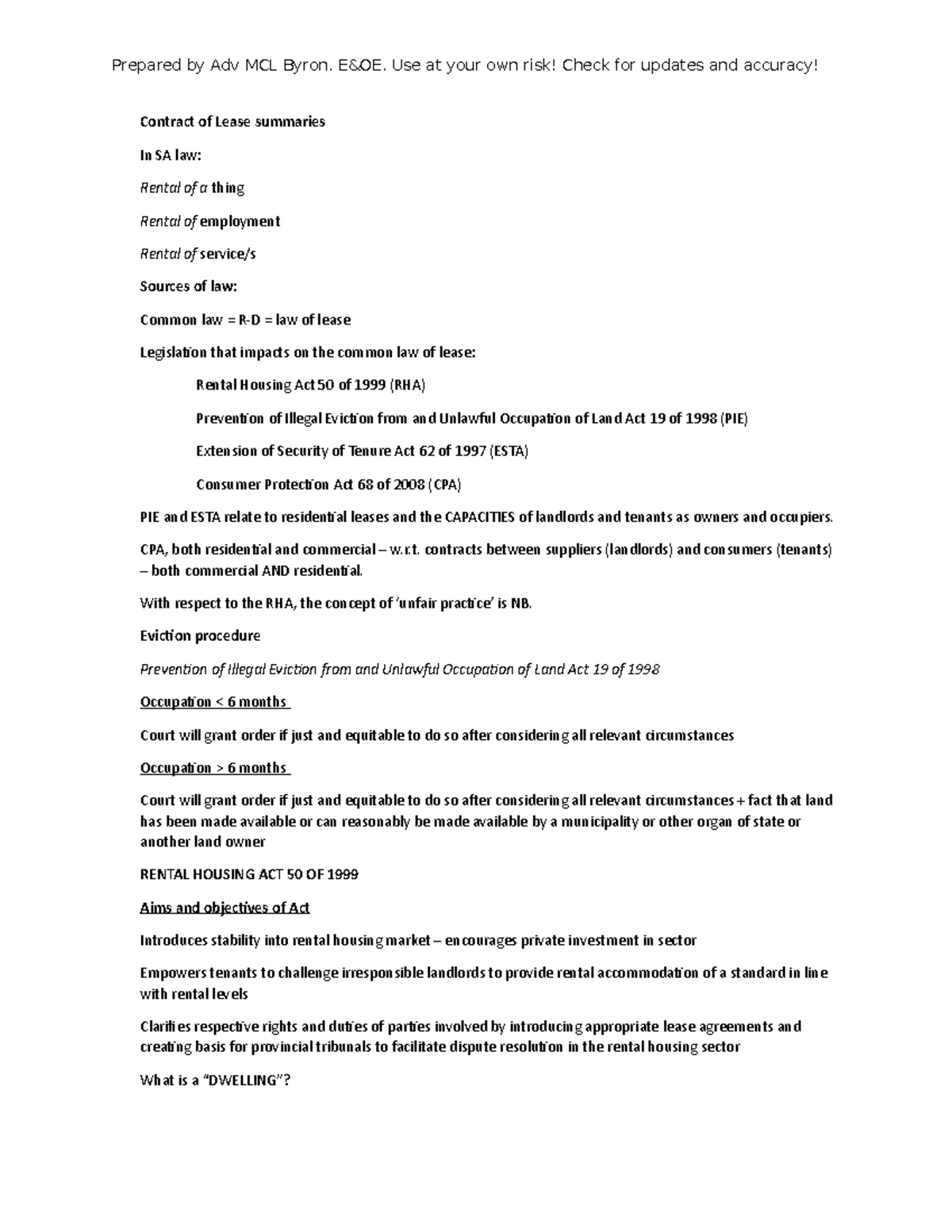 Lease summaries - UFS 2017 - Contract of Lease summaries In SA law ...