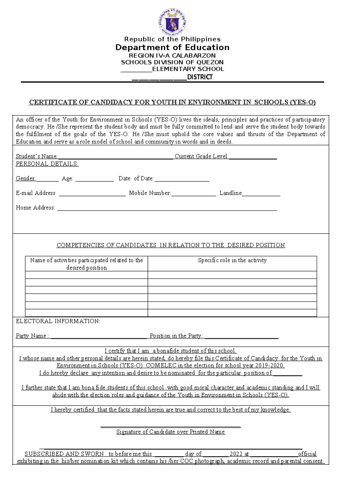 COC-YES O - Certificate of Candidacy for Youth in Environment - Studocu