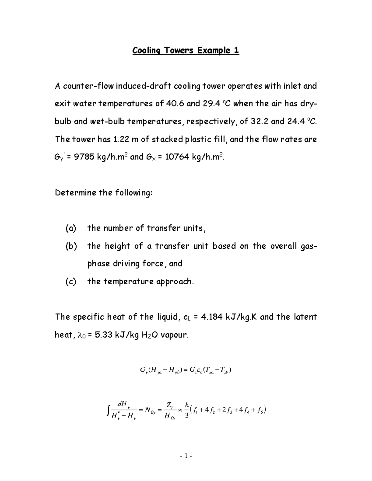 Cooling Towers Example 1: Transfer Units & Temperature Approach ...