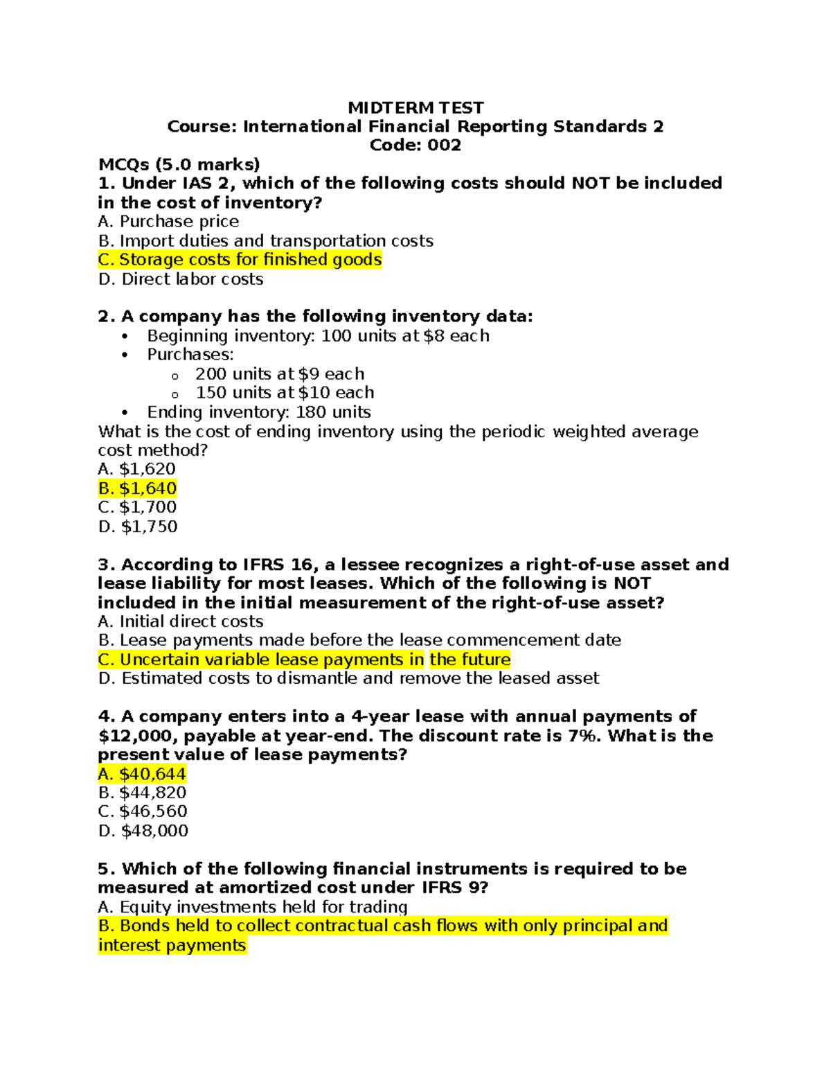 MIDTERM TEST 002: International Financial Reporting Standards 2 MCQs ...