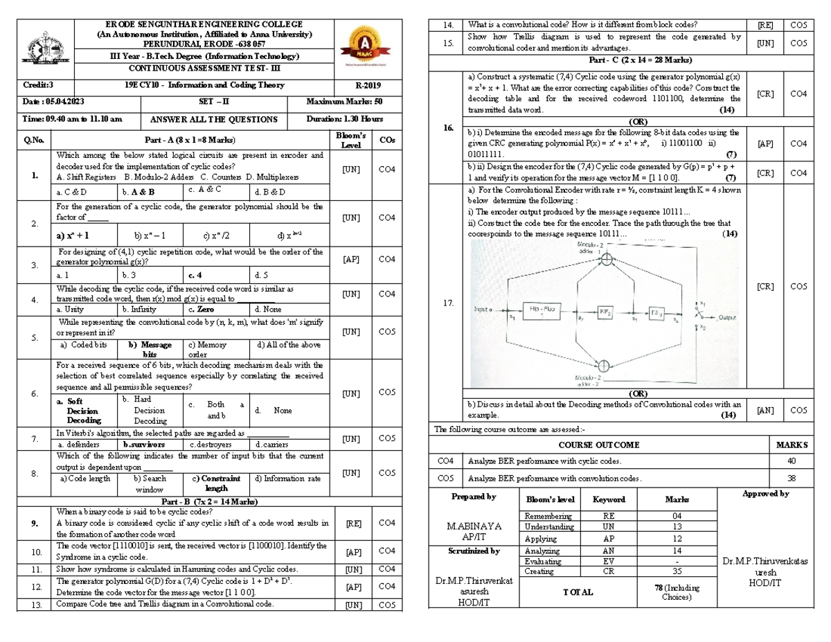 CAT3 19ECY10 ICT Set 2 - Information Coding Theory Question Paper - Studocu