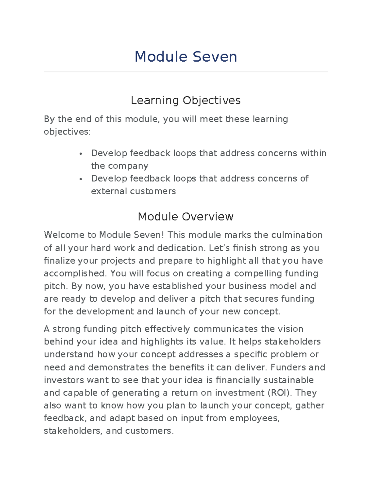 BUS 400 Module Seven: Mastering Feedback Loops for Funding Pitches ...