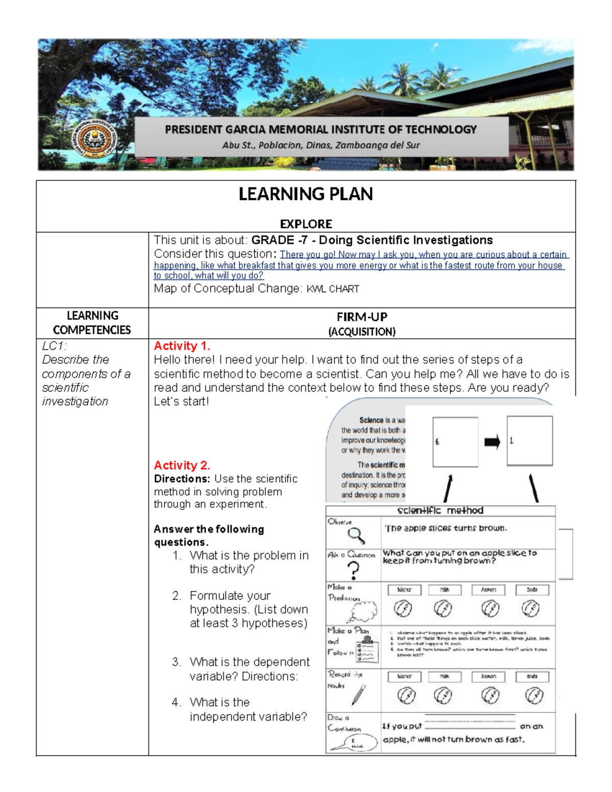 Science 7 Learning PLAN - LEARNING PLAN EXPLORE ####### This unit is ...