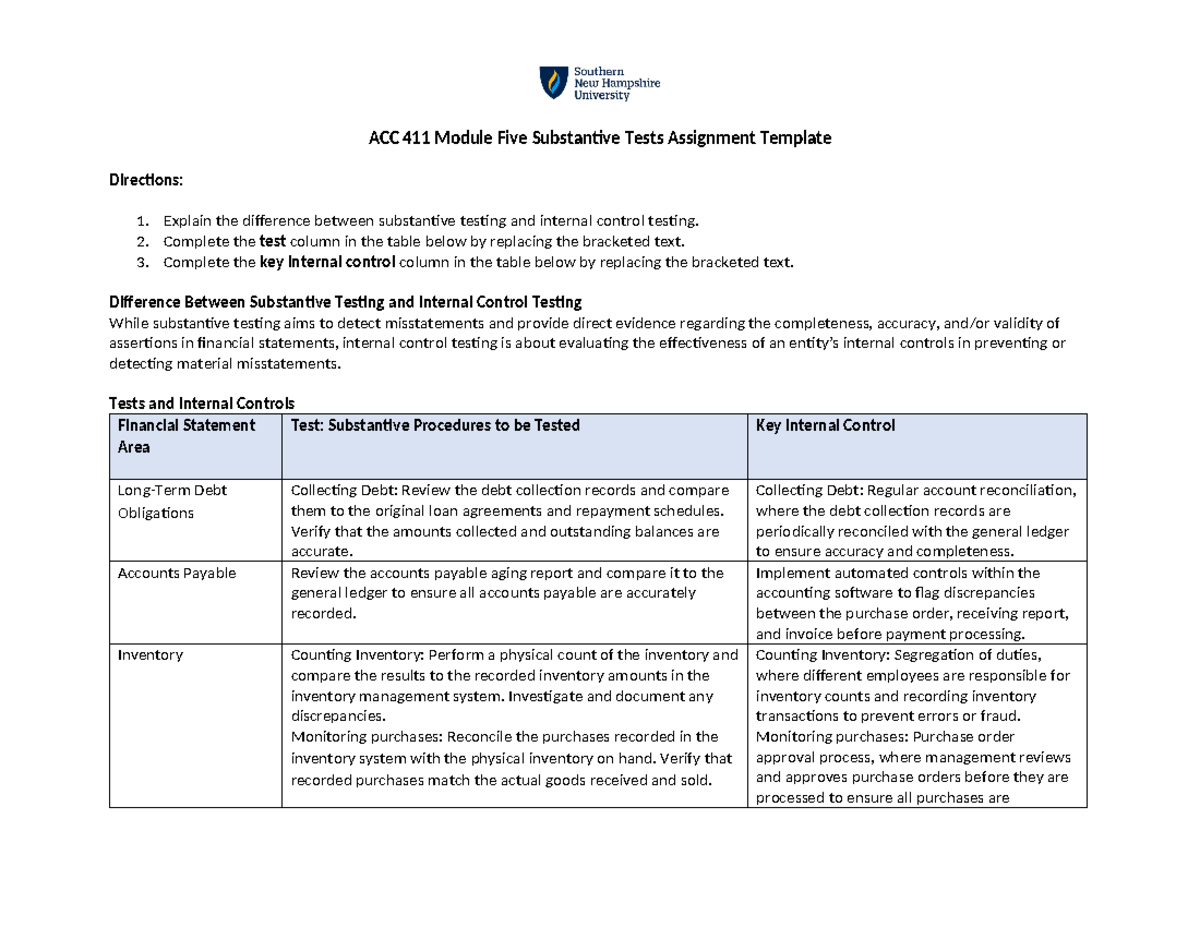 ACC 411 Module Five Substantive Tests Assignment - Explain the ...