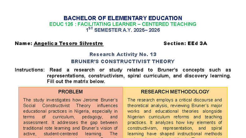 EDUC 126: Research Activity No. 13 on Bruner's Constructivist Theory ...