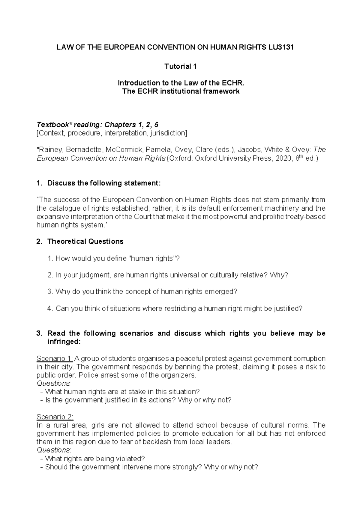 LU3131 Tutorial 1 - ECHR Success & Human Rights Practice Questions ...