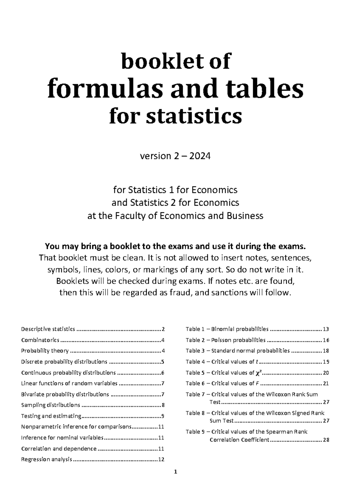 Stat 2024 Formulas & Tables for Statistics 1 & 2 v2 - Studeersnel