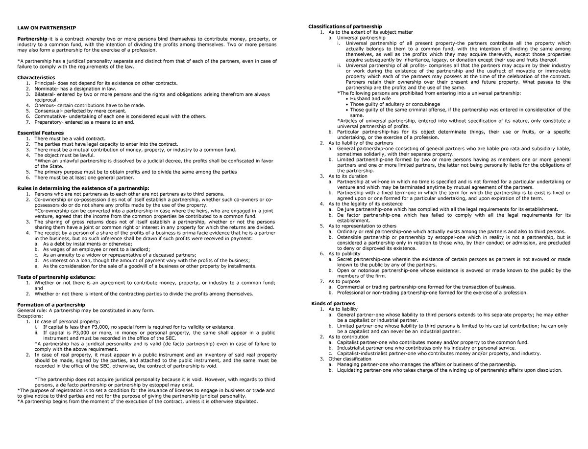 Law on Partnership: Comprehensive Reviewer and Key Concepts - Studocu
